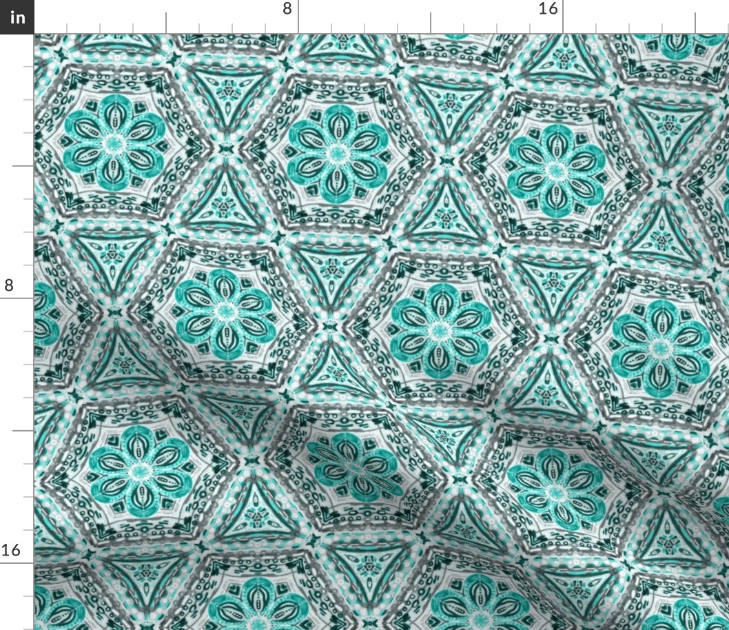 Teal Green Textured Floral Hexagon Stars