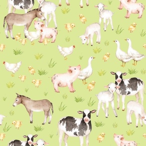 18" farm animal friends on white, animal nursery fabric, baby animals fabric, on green