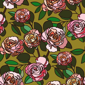 Stained glass roses on green