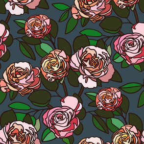 Stained glass roses on midnight blue