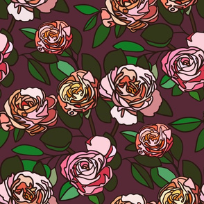 Stained glass roses on maroon