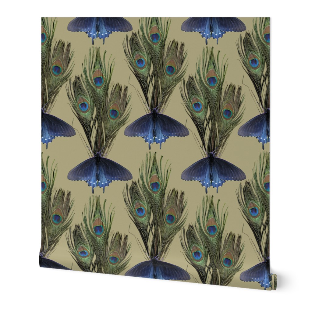 Peacock Feather Butterfly Art Nouveau fabric1 - LT-OLIVE