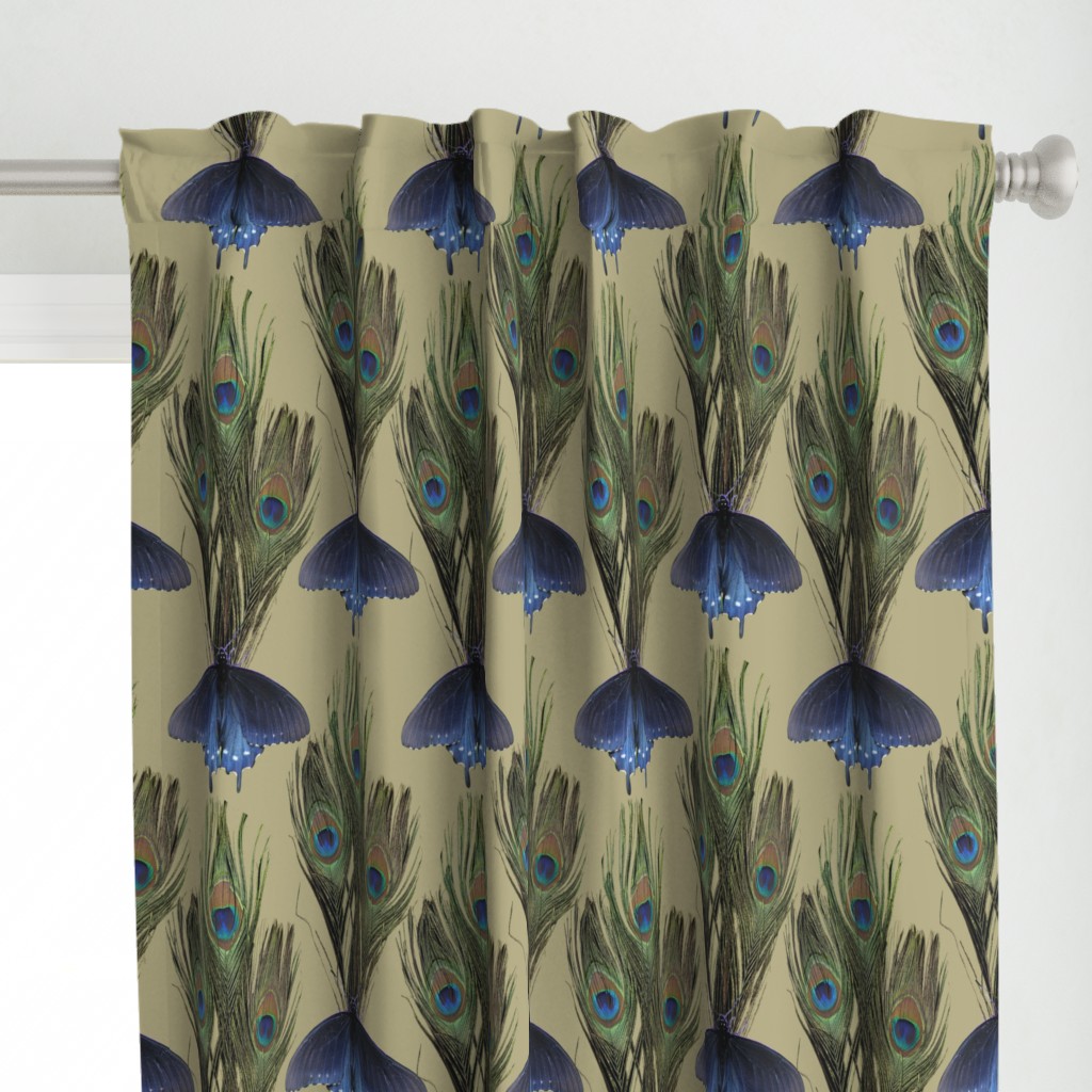 Peacock Feather Butterfly Art Nouveau fabric1 - LT-OLIVE