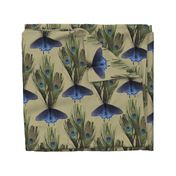 Peacock Feather Butterfly Art Nouveau fabric1 - LT-OLIVE