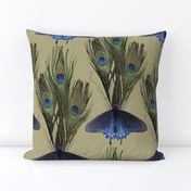 Peacock Feather Butterfly Art Nouveau fabric1 - LT-OLIVE