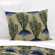 Peacock Feather Butterfly Art Nouveau fabric1 - LT-OLIVE