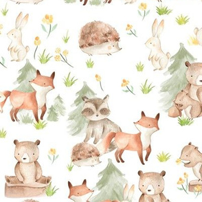 18" Woodland Animals - Baby Animals in Forest,woodland nursery fabric,animal nursery fabric,baby animals fabric white