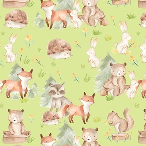 33“  Woodland Animals - Baby Animals in Forest,woodland nursery fabric,animal nursery fabric,baby animals fabric green