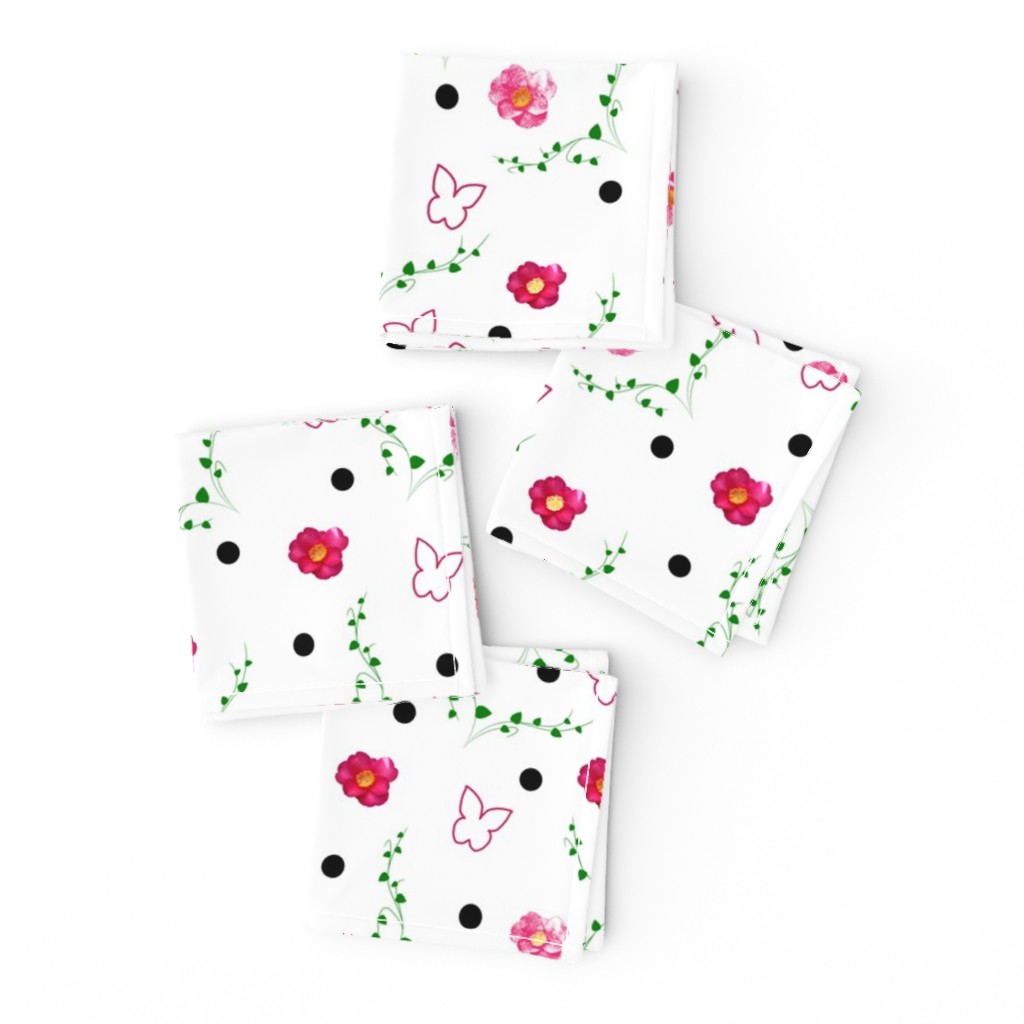 Pink Camellias, Butterflies, Leaves & Spots - white