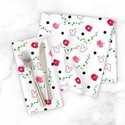 Pink Camellias, Butterflies, Leaves & Spots - white