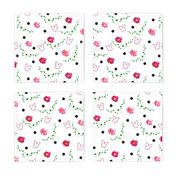 Pink Camellias, Butterflies, Leaves & Spots - white