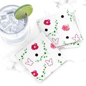 Pink Camellias, Butterflies, Leaves & Spots - white