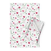 Pink Camellias, Butterflies, Leaves & Spots - white