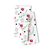 Pink Camellias, Butterflies, Leaves & Spots - white