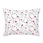 Pink Camellias, Butterflies, Leaves & Spots - white