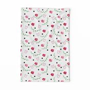 Pink Camellias, Butterflies, Leaves & Spots - white