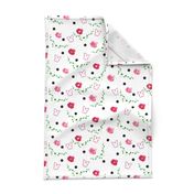 Pink Camellias, Butterflies, Leaves & Spots - white