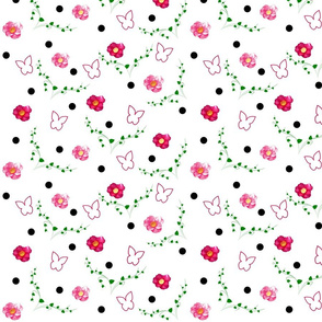 Pink Camellias, Butterflies, Leaves & Spots - white