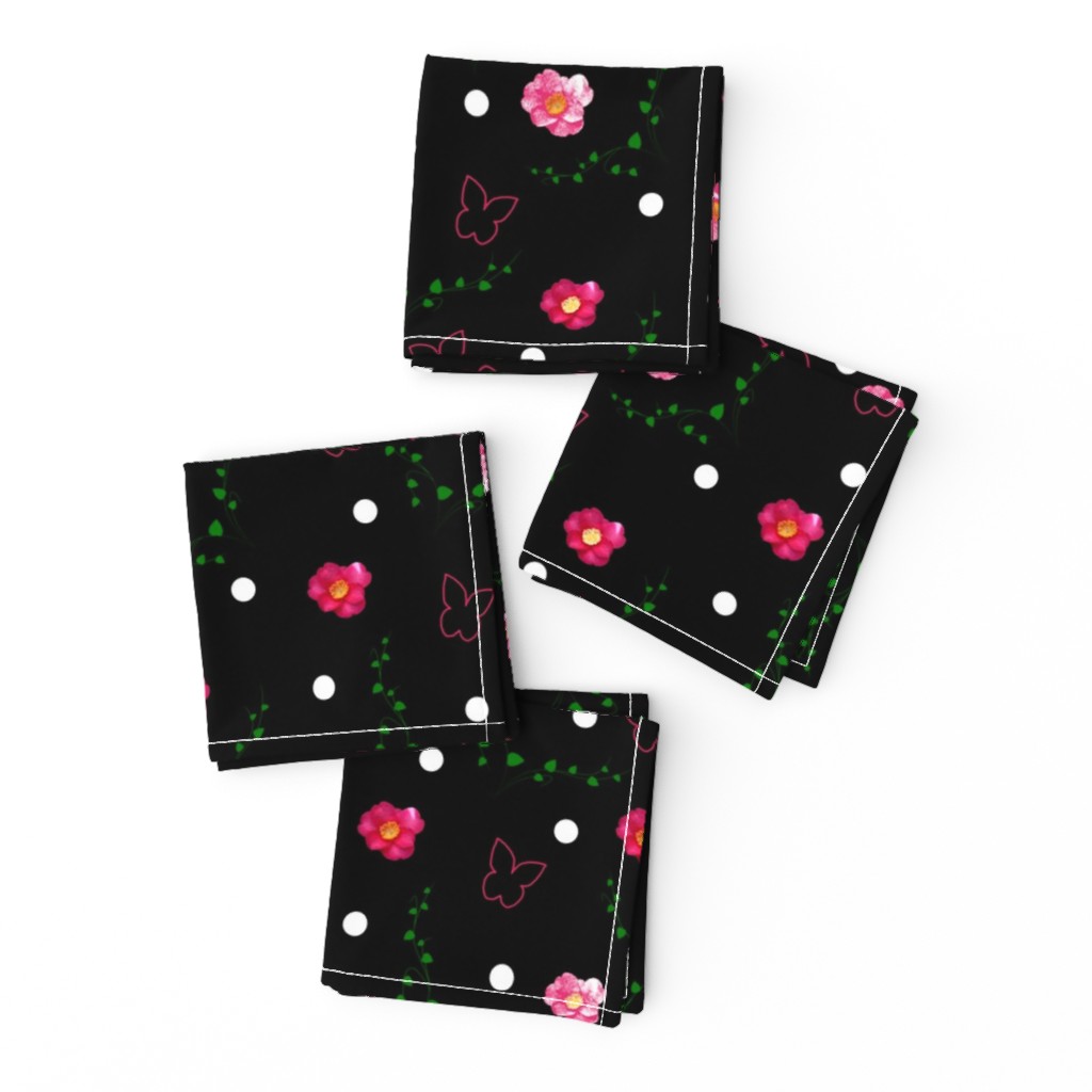 Pink Camellias, Butterflies, Leaves & Spots - black 