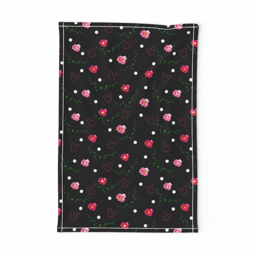 Pink Camellias, Butterflies, Leaves & Spots - black 