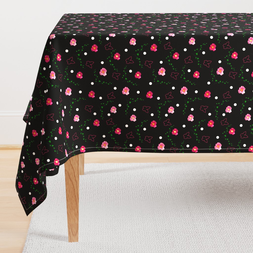 Pink Camellias, Butterflies, Leaves & Spots - black 