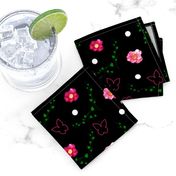 Pink Camellias, Butterflies, Leaves & Spots - black 