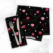 Pink Camellias, Butterflies, Leaves & Spots - black 