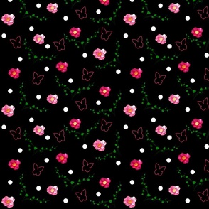 Pink Camellias, Butterflies, Leaves & Spots - black 