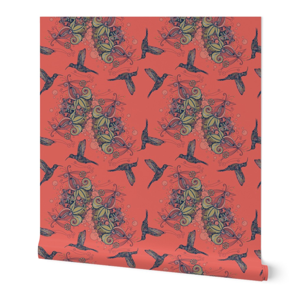 Flight of the Hummingbird Deeper Coral Background