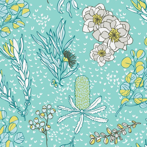 Australian Floral in Blues, Aquas & Yellows