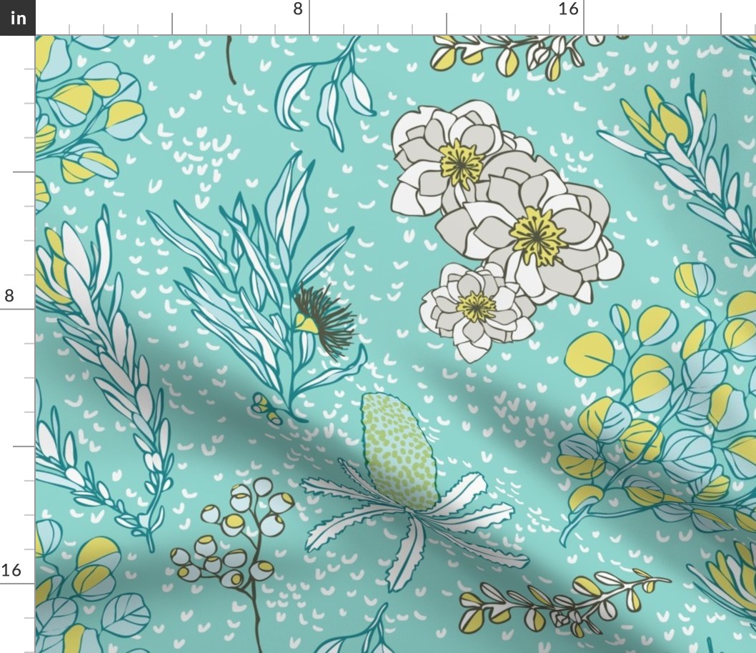 Australian Floral in Blues, Aquas & Yellows