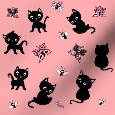 Black kitties and butterflies on pink 