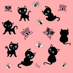 Black kitties and butterflies on pink 