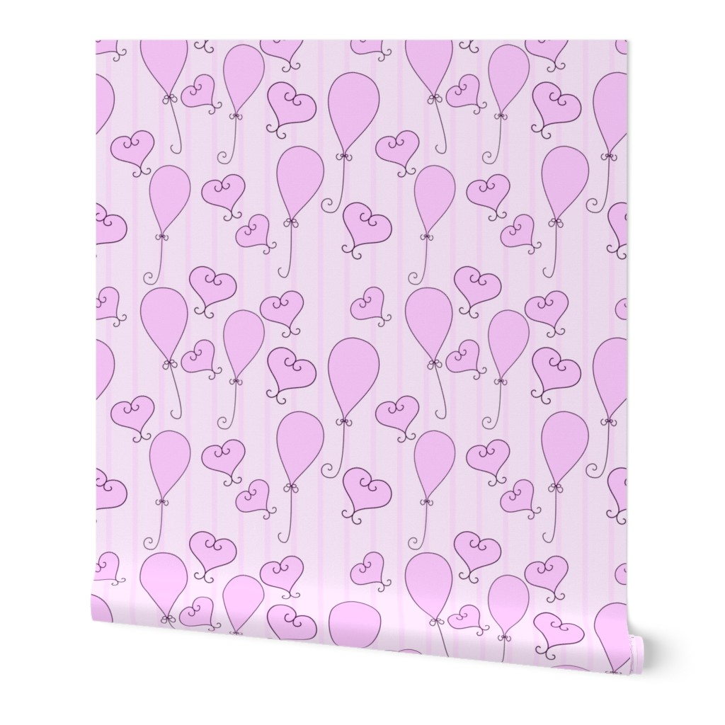 Pink hearts and balloons on a striped pastel pink backdrop.