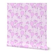 Pink hearts and balloons on a striped pastel pink backdrop.