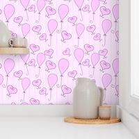 Pink hearts and balloons on a striped pastel pink backdrop.