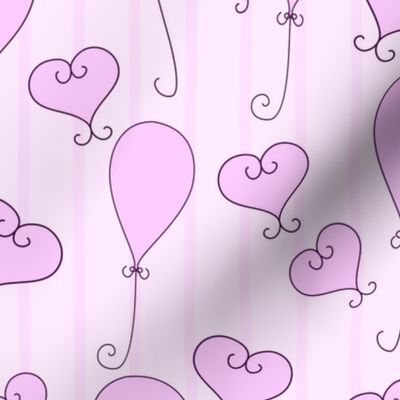 Pink hearts and balloons on a striped pastel pink backdrop.