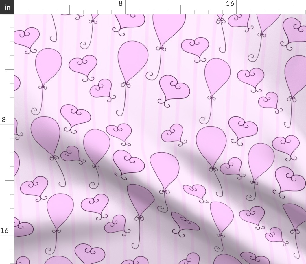 Pink hearts and balloons on a striped pastel pink backdrop.