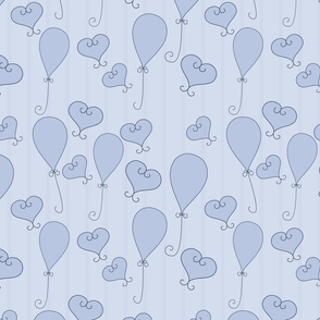 Elegant balloons and hearts float on a soft striped periwinkle backdrop.