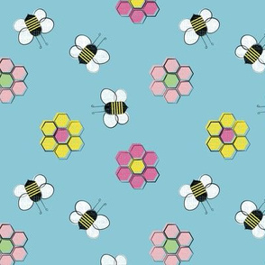 Honey Bees and Hex Flowers ~ Retro Colors Blue