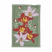 Daylily Bouquet Tea Towel: Red & Purple Dayliles, Roses, Baby's Breath