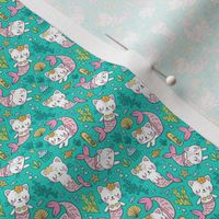 Purrmaids Cats Mermaids  Sea Doodle on Teal  Green Tiny Small 0,75 inch
