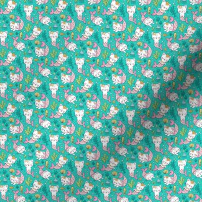 Purrmaids Cats Mermaids  Sea Doodle on Teal  Green Tiny Small 0,75 inch