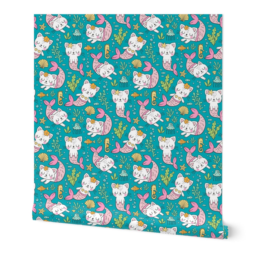 Purrmaids Cats Mermaids  Sea Doodle on Dark Aqua Blue