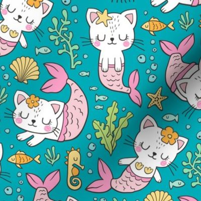 Purrmaids Cats Mermaids  Sea Doodle on Dark Aqua Blue