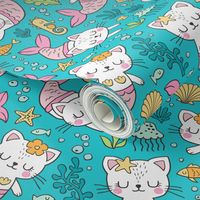 Purrmaids Cats Mermaids  Sea Doodle on Aqua Blue