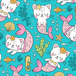 Purrmaids Cats Mermaids  Sea Doodle on Aqua Blue