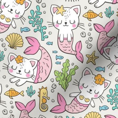 Purrmaids Cats Mermaids  Sea Doodle on Cloud Grey