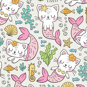 Purrmaids Cats Mermaids  Sea Doodle on Cloud Grey