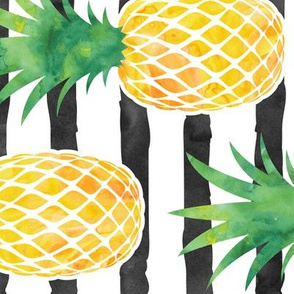 (jumbo scale) pineapples - watercolor on black stripes C19BS
